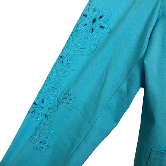 Vtg Y2K Susan Graver Turquoise Embroidered Cotton Blazer Jacket Women’s Medium - Picture 8 of 10